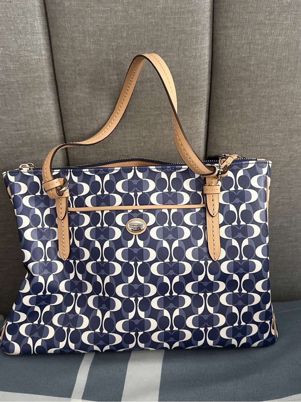 Coach Blue Signature Pattern Tote with Tan Leather Handles